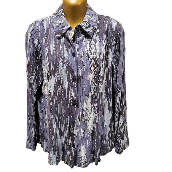 Attitudes by Renee Small Aztec Print Shirt Denim Vibes Blue Gray Off-White - Picture 7 of 13